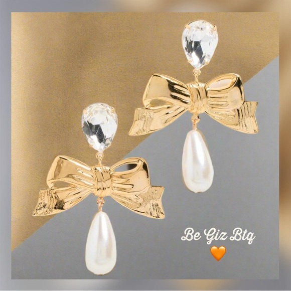 LELET NY Authentic Stella Gold Crystal & Teardrop Pearl Drop Clip Earrings - Picture 3 of 7